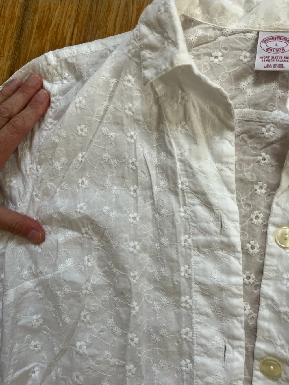 Brooks Brothers White Eyelet Button-Up Top and Shorts pajama set